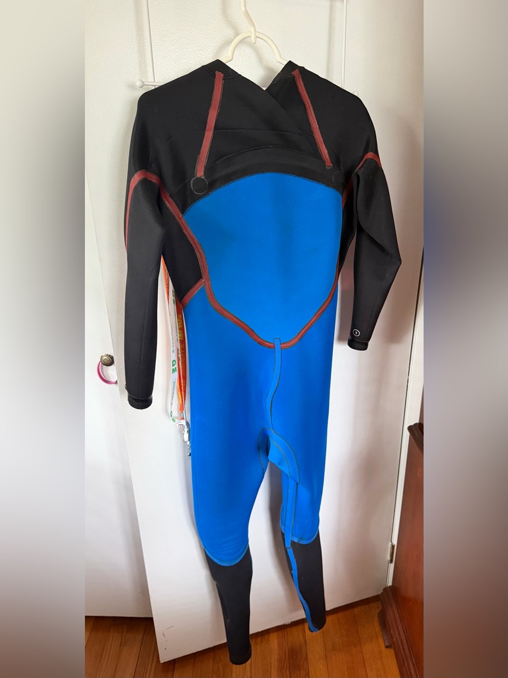 Men's Blue and Black Full-Body Wetsuit with Red Trim